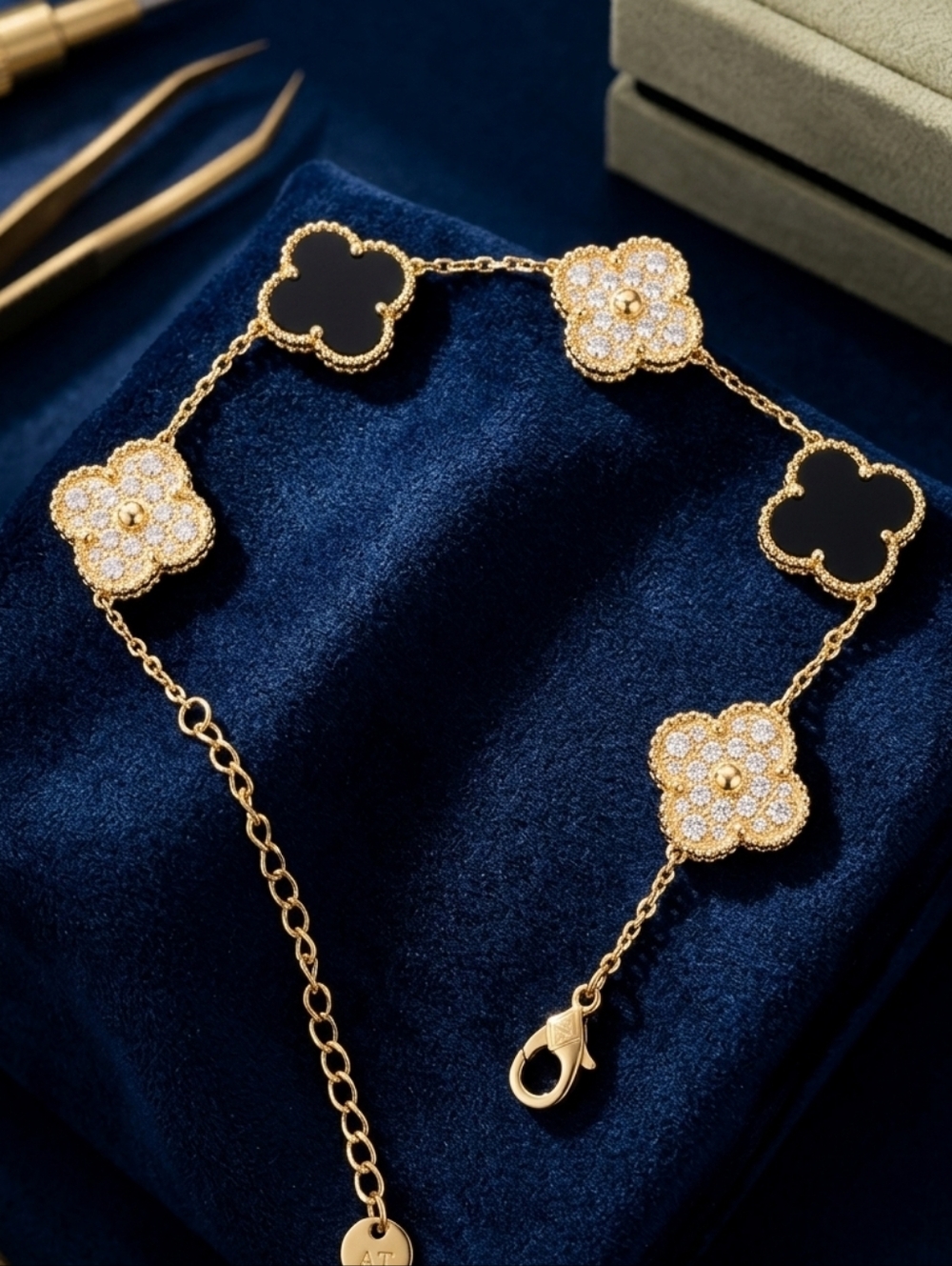 Gold Four-Leaf Clover Necklace with Black and Crystal Accents 18k Gold Plated